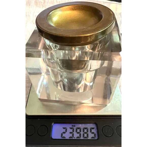 Antique Inkwell Glass beveled glass corners & concave Brass top Square Base 3" - Picture 6 of 10